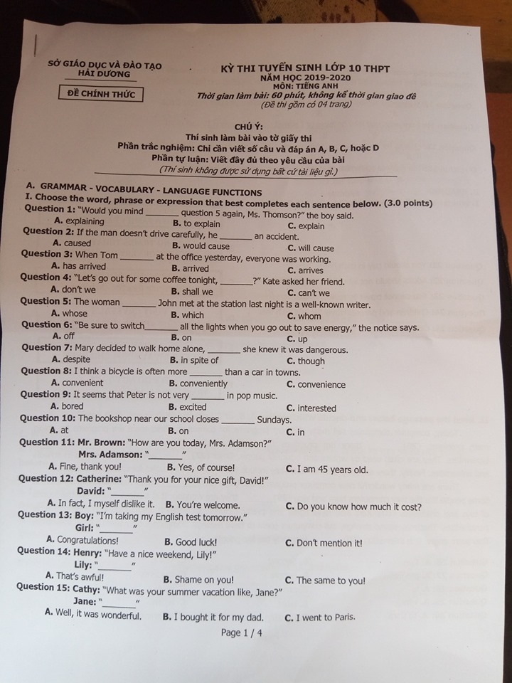 Đề thi vào lớp 10 môn Tiếng Anh