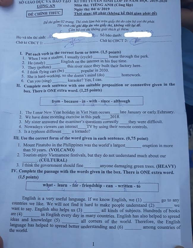 Đề thi vào lớp 10 môn Tiếng Anh