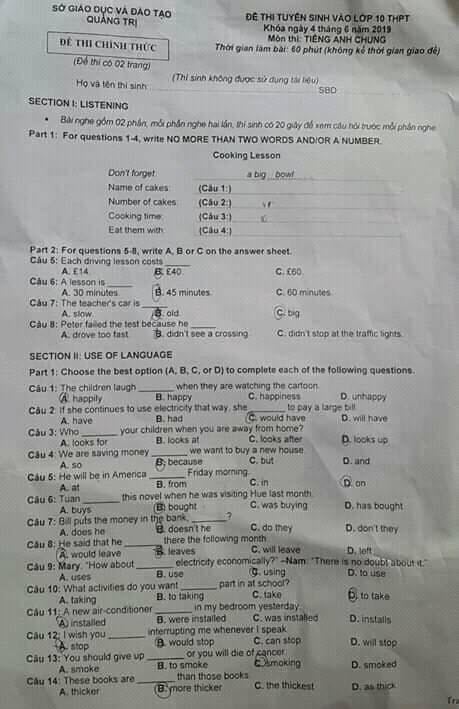 Đề thi vào lớp 10 môn Tiếng Anh