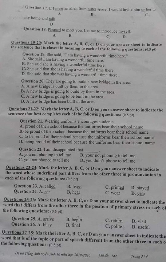 Đề thi vào lớp 10 môn Tiếng Anh