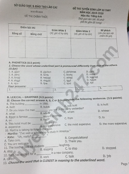 Đề thi vào lớp 10 môn Tiếng Anh