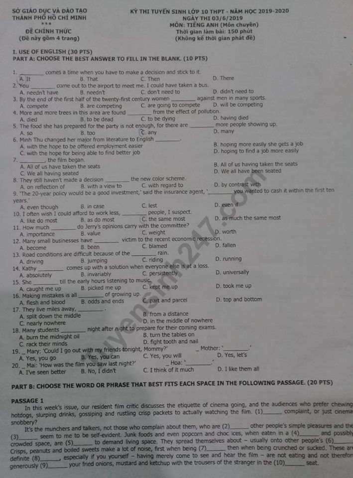 Đề thi vào lớp 10 chuyên Anh