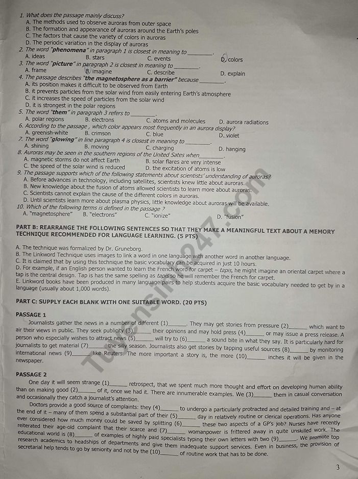 Đề thi vào lớp 10 chuyên Anh