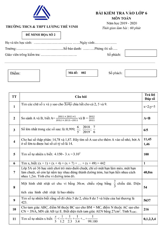 Đề thi vào lớp 6 môn Toán