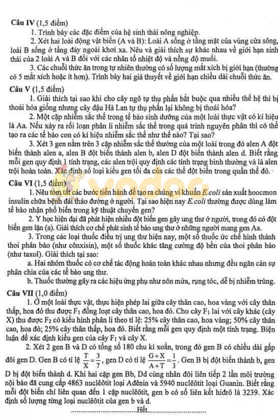Đáp án đề thi vào lớp 10 môn Sinh học Hà Nội năm 2019