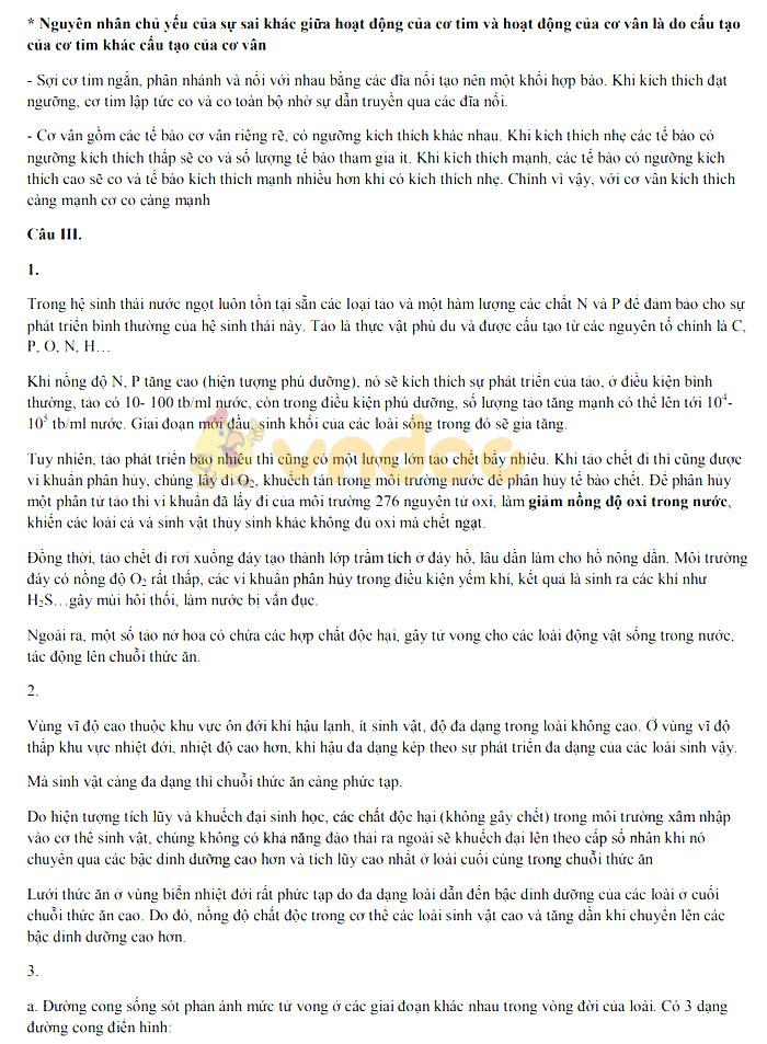 Đáp án đề thi vào lớp 10 môn Sinh học Hà Nội năm 2019