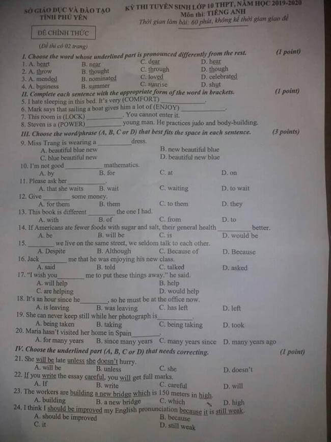 Đề thi vào lớp 10 môn Tiếng Anh