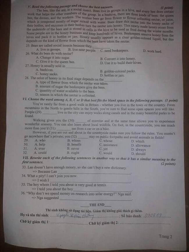 Đề thi vào lớp 10 môn Tiếng Anh