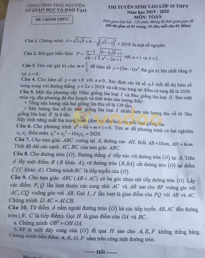 Đáp án đề thi vào lớp 10 môn Toán tỉnh Thái Nguyên năm 2019