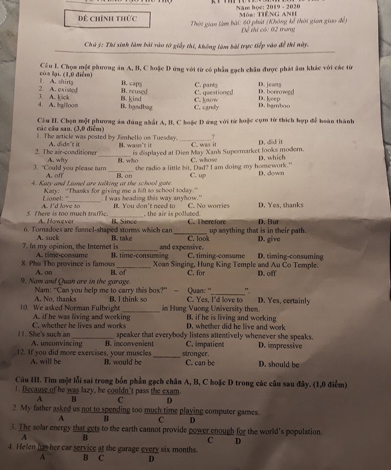 Đề thi vào lớp 10 môn Tiếng Anh