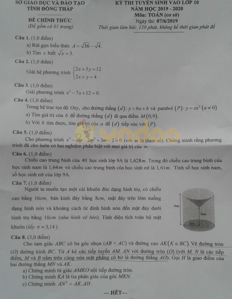 Đáp án đề thi vào lớp 10 môn Toán tỉnh Trà Vinh