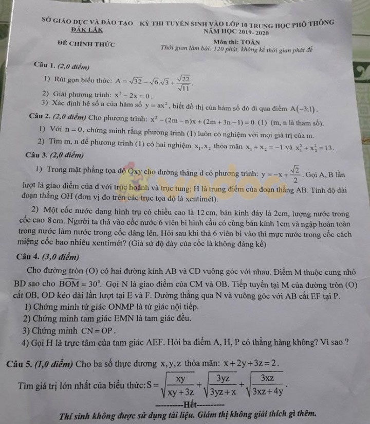 Đáp án đề thi vào lớp 10 môn Toán tỉnh Đắk Lắk năm 2019