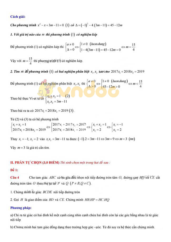 Đáp án đề thi vào lớp 10 môn Toán tỉnh Trà Vinh năm 2019