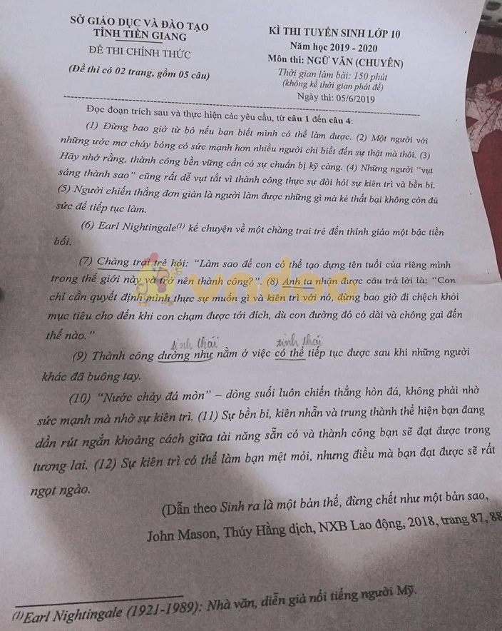 Đề thi vào lớp 10 môn Văn Chuyên 2019 tỉnh Tiền Giang