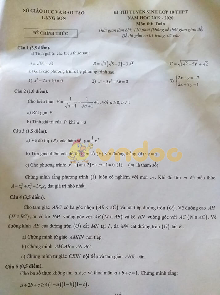 Đáp án đề thi vào lớp 10 môn Toán tỉnh Lạng Sơn năm 2019