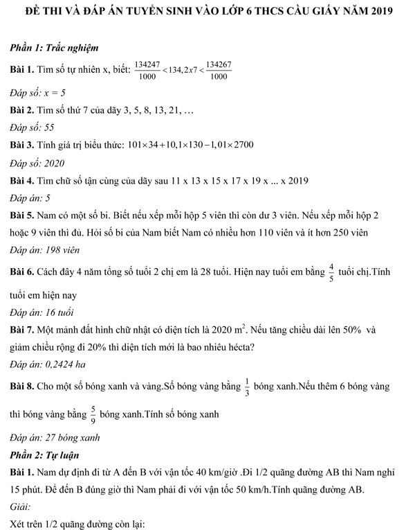 Đề thi vào lớp 6 môn Toán