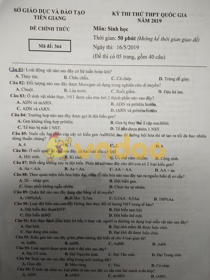 Đề thi thử THPT Quốc gia môn Sinh học năm 2019