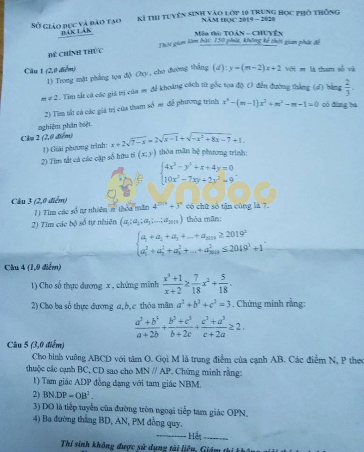 Đề thi vào lớp 10 môn Toán Chuyên 2019 tỉnh Đắk Lắk