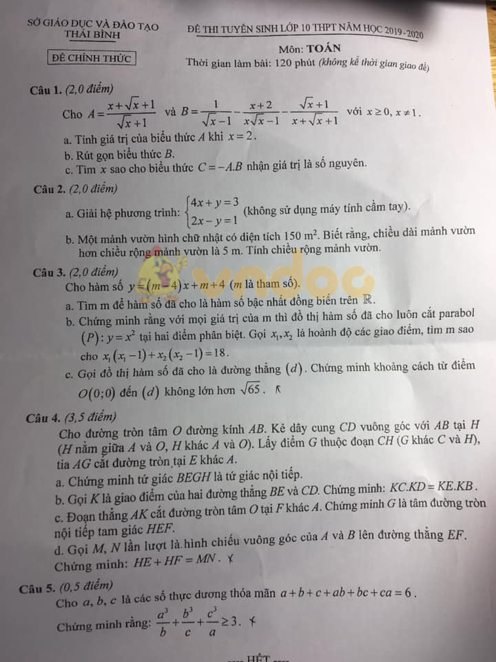 Đáp án đề thi vào lớp 10 môn Toán tỉnh Thái Bình năm 2019