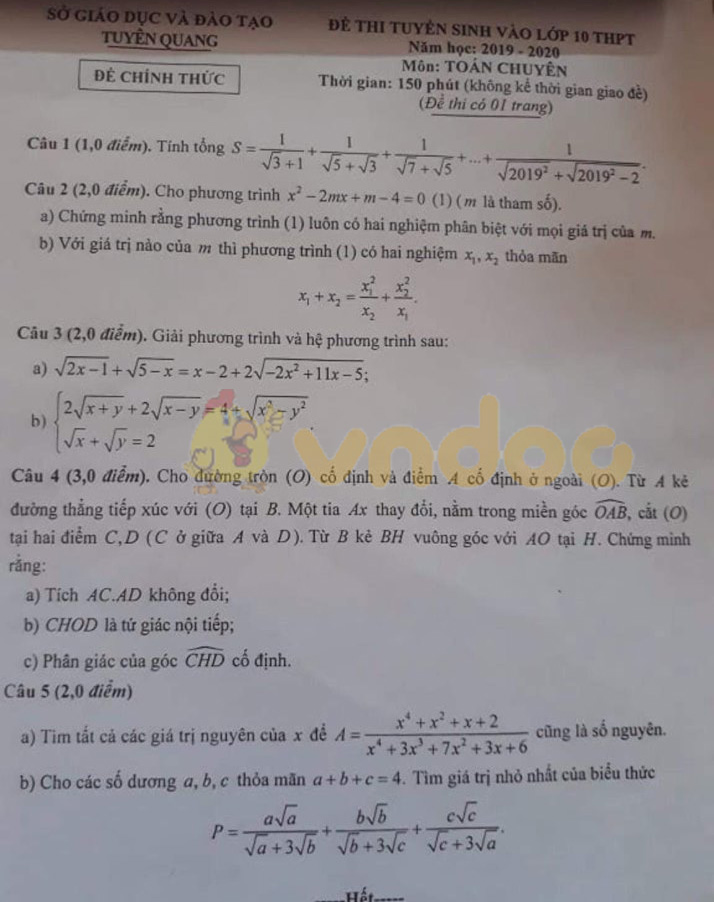 Đề thi vào lớp 10 môn Toán tỉnh Tuyên Quang năm 2019