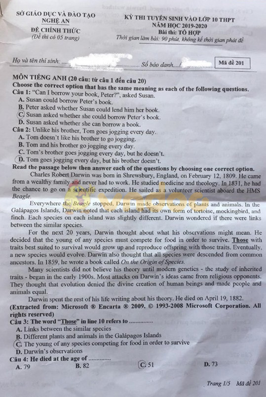 Đáp án đề thi vào lớp 10 môn Tổ hợp tỉnh Nghệ An năm 2019