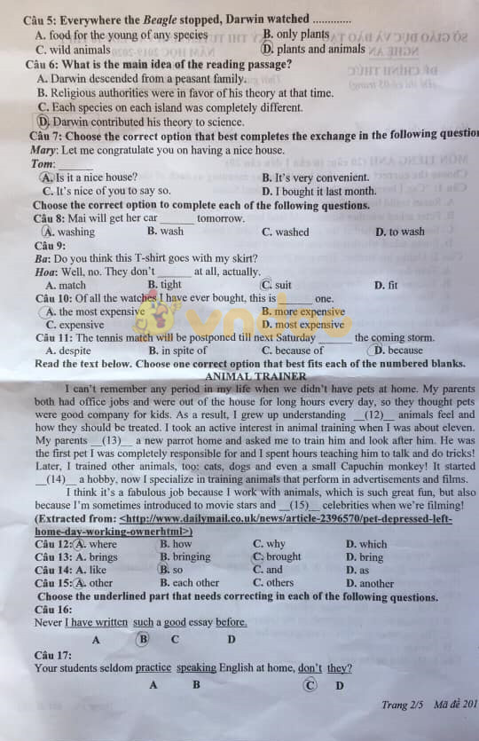 Đáp án đề thi vào lớp 10 môn Tổ hợp tỉnh Nghệ An năm 2019