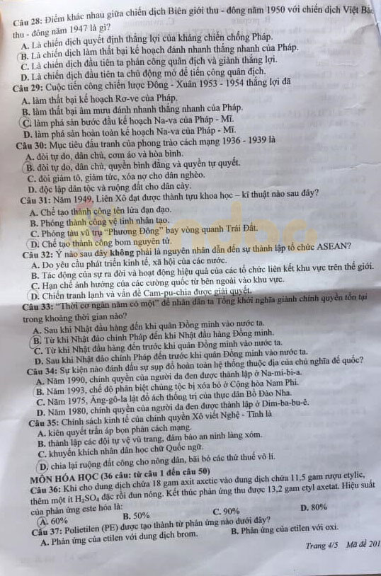 Đáp án đề thi vào lớp 10 môn Tổ hợp tỉnh Nghệ An năm 2019