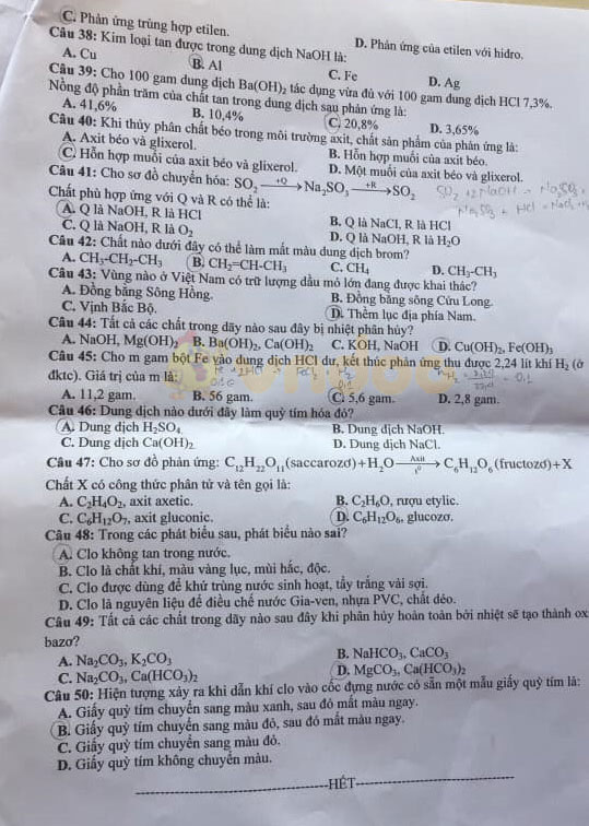 Đáp án đề thi vào lớp 10 môn Tổ hợp tỉnh Nghệ An năm 2019