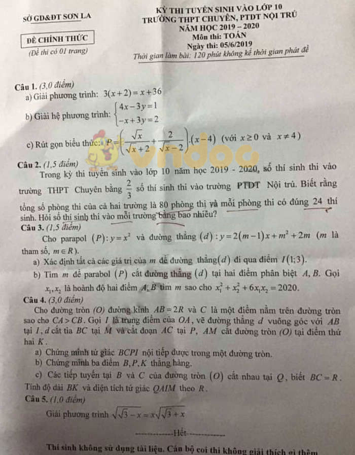 Đáp án đề thi vào lớp 10 môn Toán Chuyên 2019 tỉnh Sơn La
