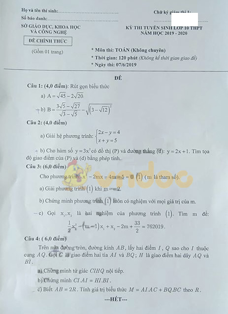 Đáp án đề thi vào lớp 10 môn Toán tỉnh Bạc Liêu năm 2019