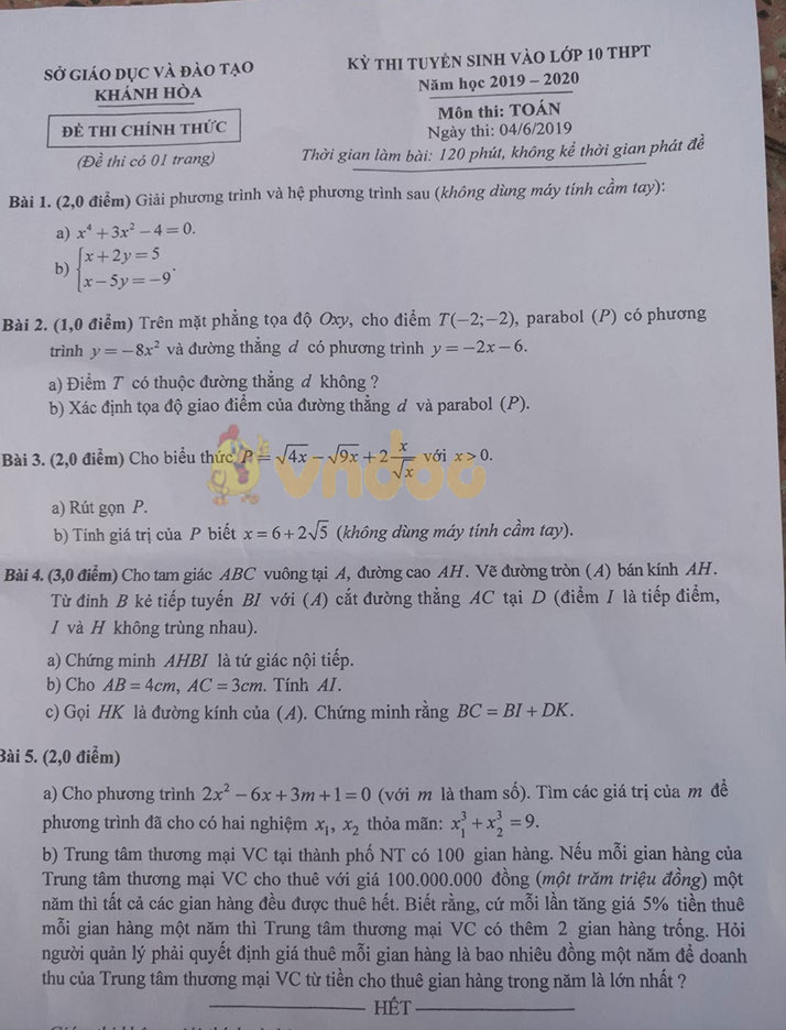 Đáp án đề thi vào lớp 10 môn Toán tỉnh Khánh Hòa năm 2019