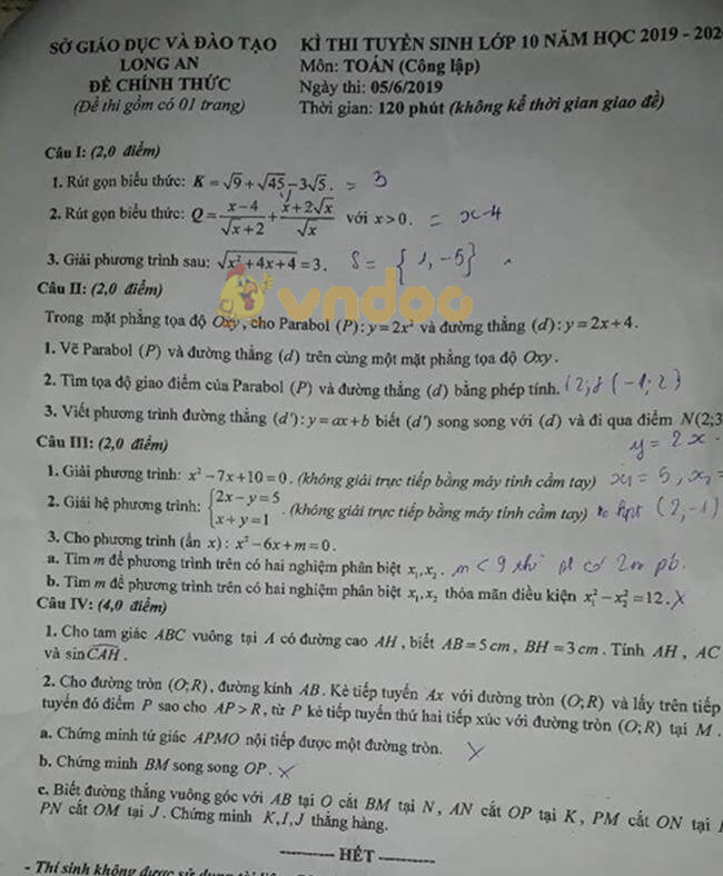 Đề thi vào lớp 10 môn Toán tỉnh Long An năm 2019