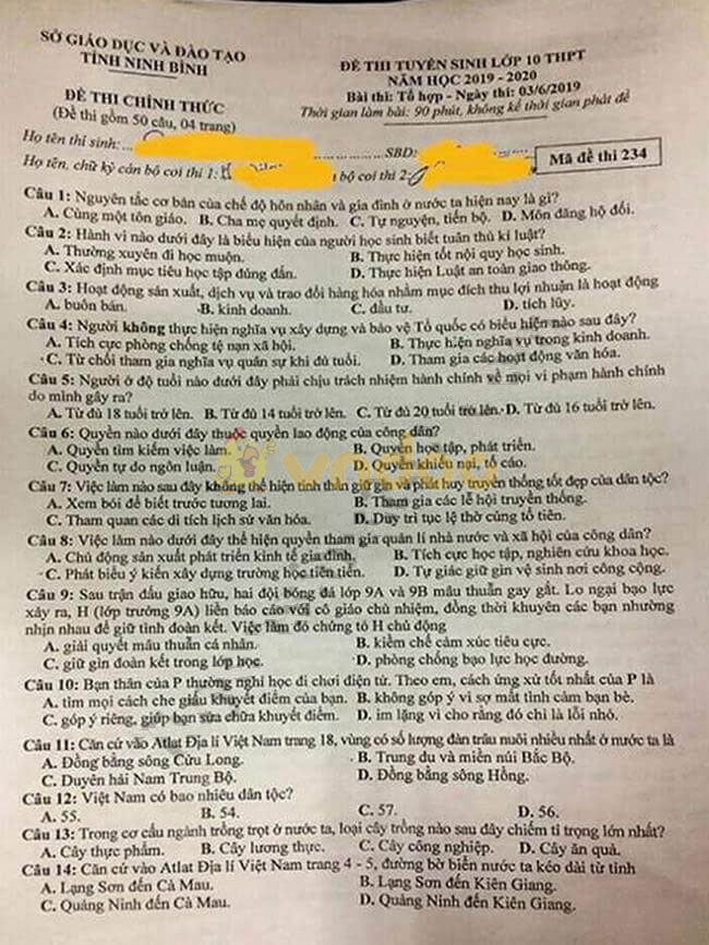 Đáp án đề thi vào lớp 10 môn Tổ hợp tỉnh Ninh Bình năm 2019