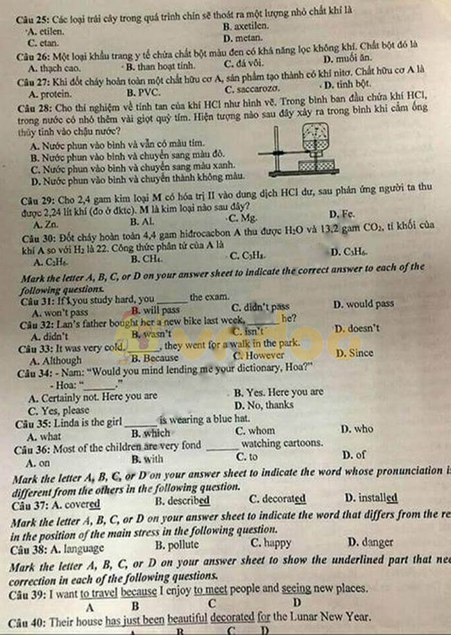 Đáp án đề thi vào lớp 10 môn Tổ hợp tỉnh Ninh Bình năm 2019