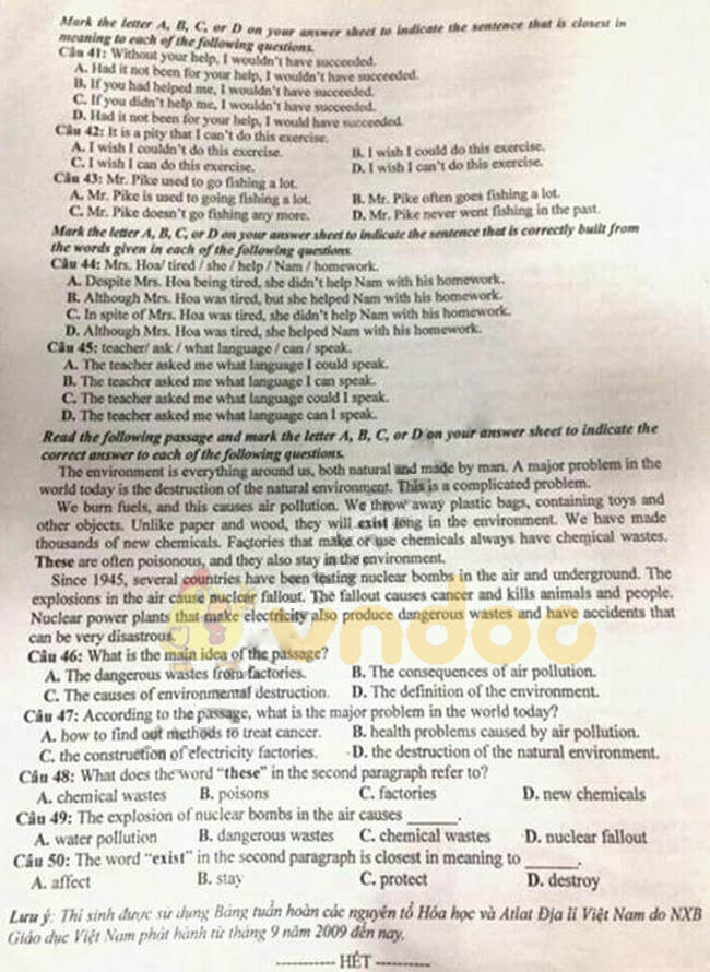 Đáp án đề thi vào lớp 10 môn Tổ hợp tỉnh Ninh Bình năm 2019