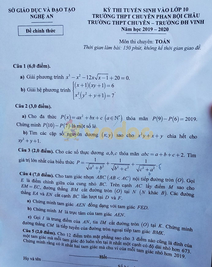 Đề thi vào lớp 10 môn Toán 2019 trường THPT Chuyên Phan Bội Châu - Nghệ An
