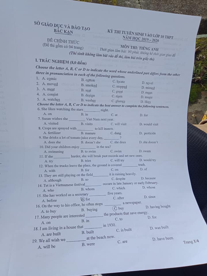 Đề thi vào lớp 10 môn Tiếng Anh