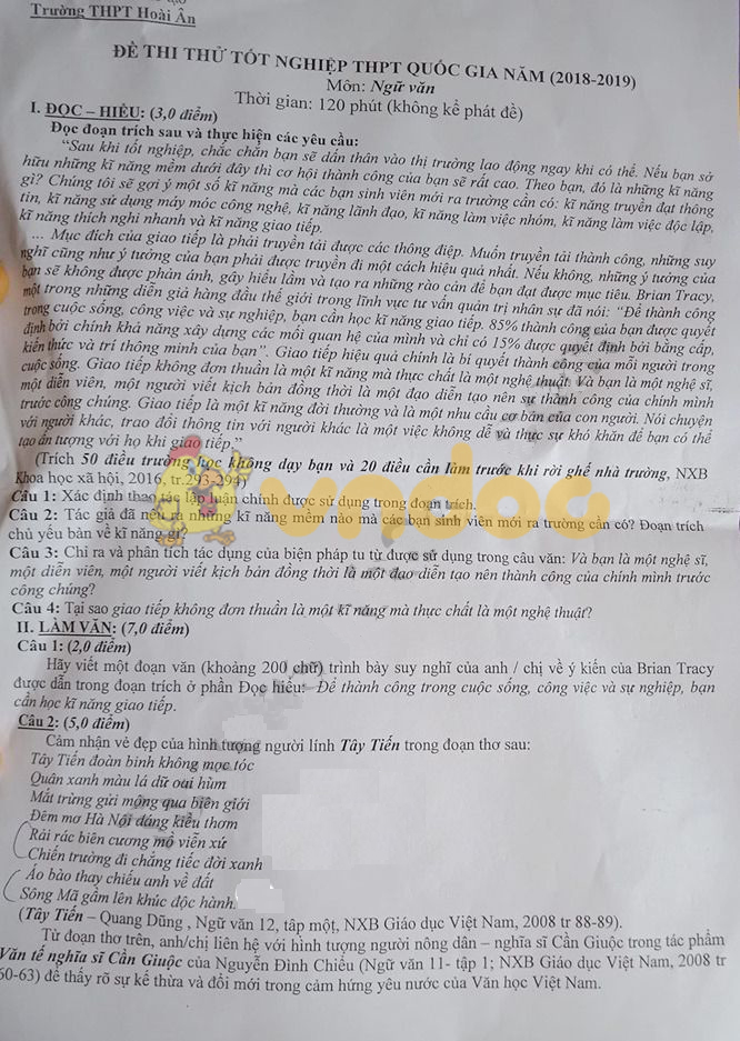 Đề thi thử môn Ngữ văn năm 2019