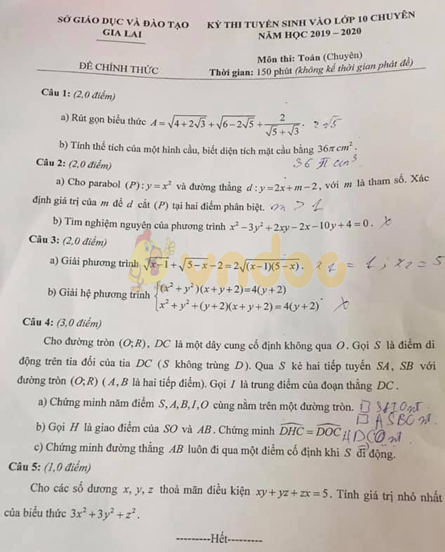 Đề thi vào lớp 10 môn Toán Chuyên 2019 tỉnh Gia Lai