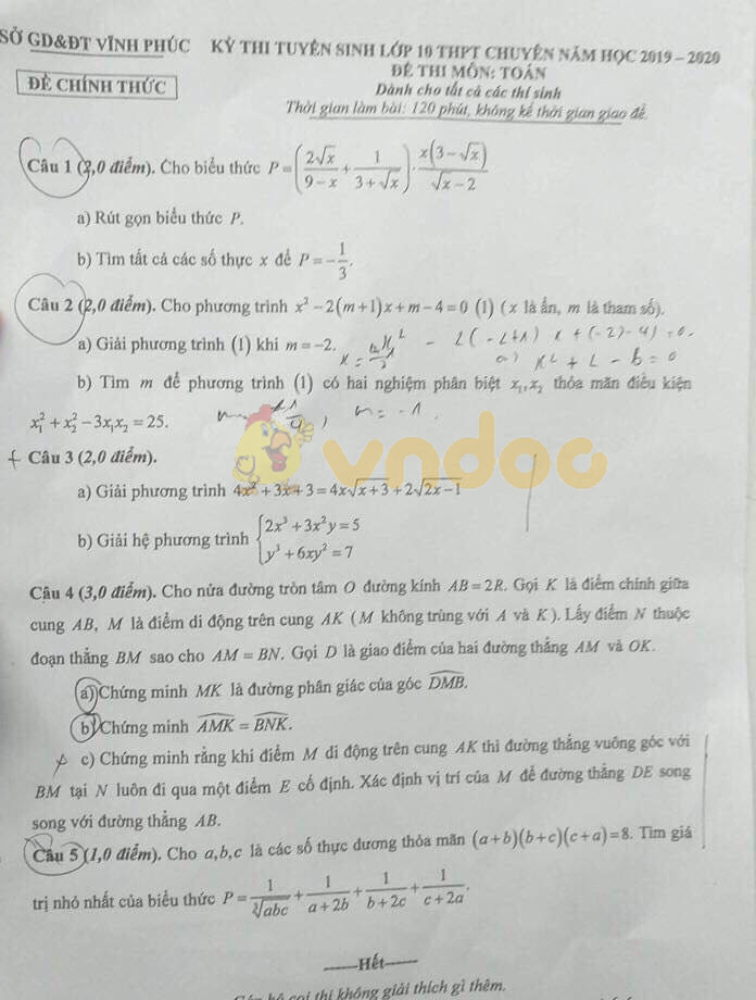 Đề thi vào lớp 10 môn Toán Chuyên 2019 tỉnh Vĩnh Phúc