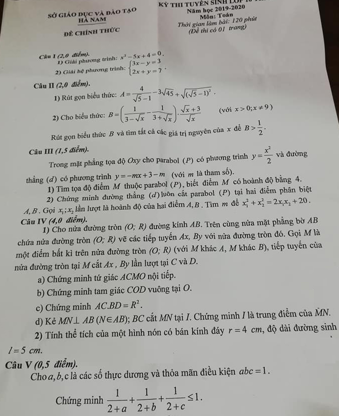 Đáp án đề thi vào lớp 10 môn Toán tỉnh Hà Nam năm 2019