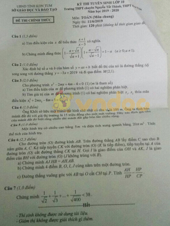 Đáp án đề thi vào lớp 10 môn Toán tỉnh Kon Tum năm 2019