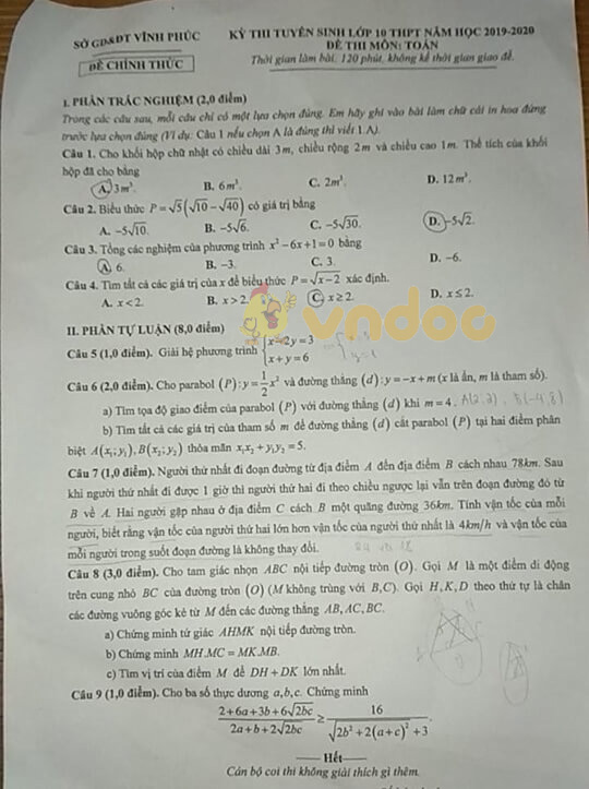 Đáp án đề thi vào lớp 10 môn Toán tỉnh Vĩnh Phúc năm 2019