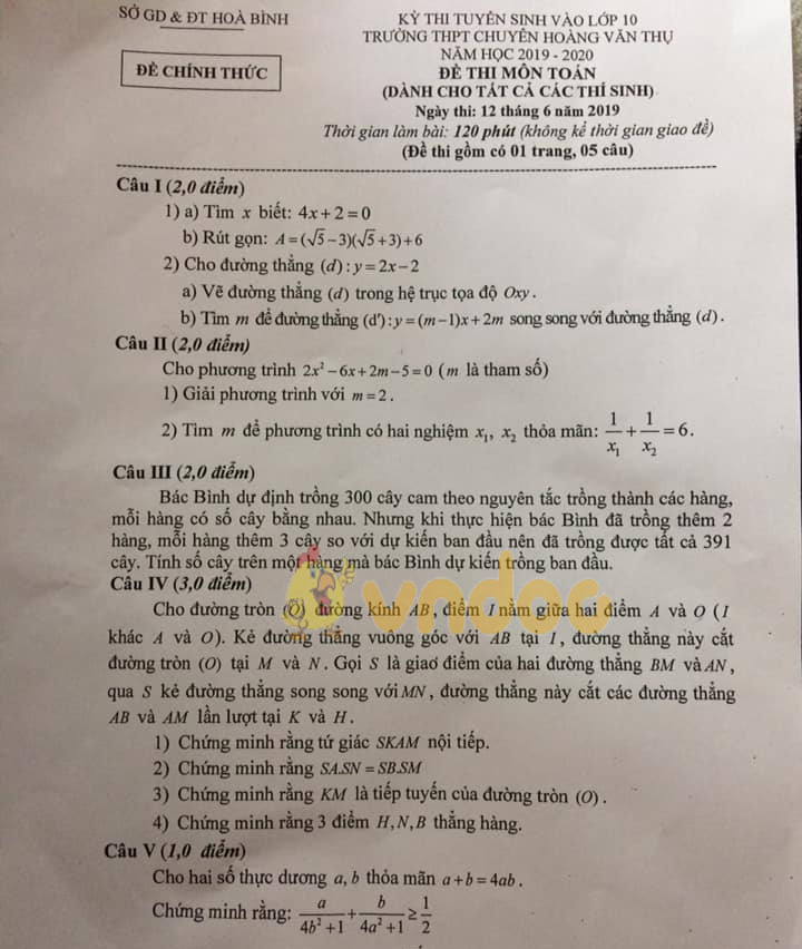 Đề thi vào lớp 10 môn Toán 2019 THPT Chuyên Hoàng Văn Thụ - Hòa Bình
