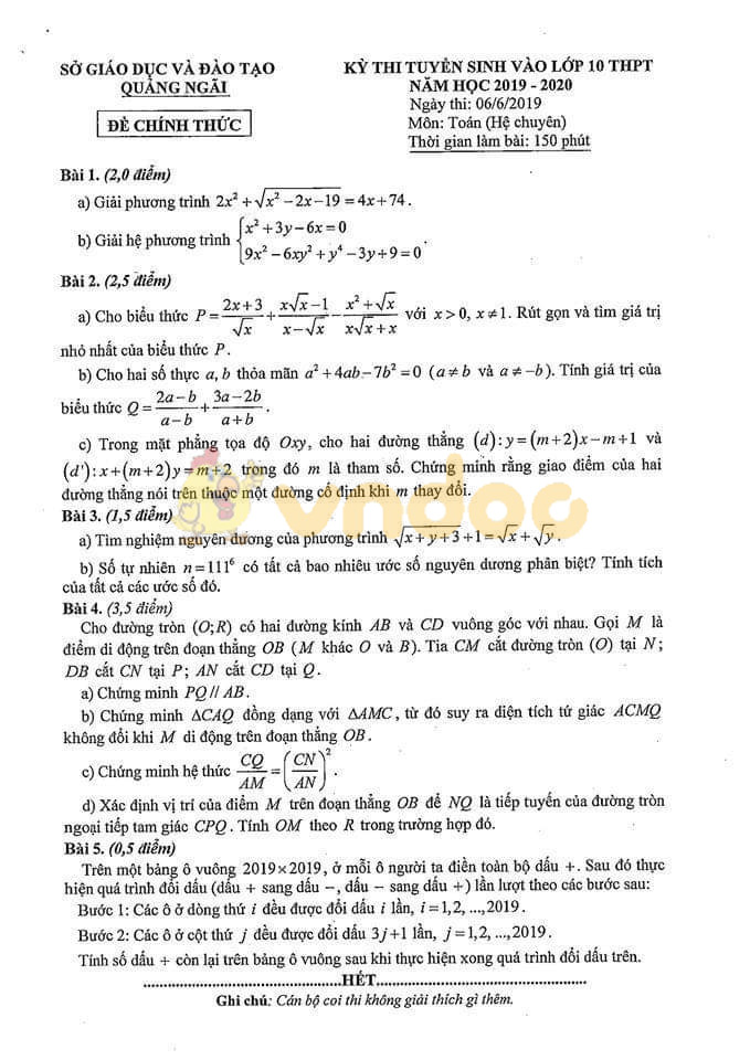 Đáp án đề thi vào lớp 10 môn Toán Chuyên 2019 tỉnh Quảng Ngãi