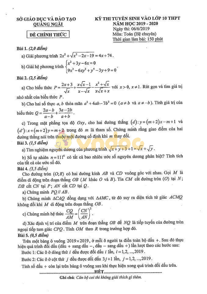 Đáp án đề thi vào lớp 10 môn Toán Chuyên 2019 tỉnh Quảng Ngãi