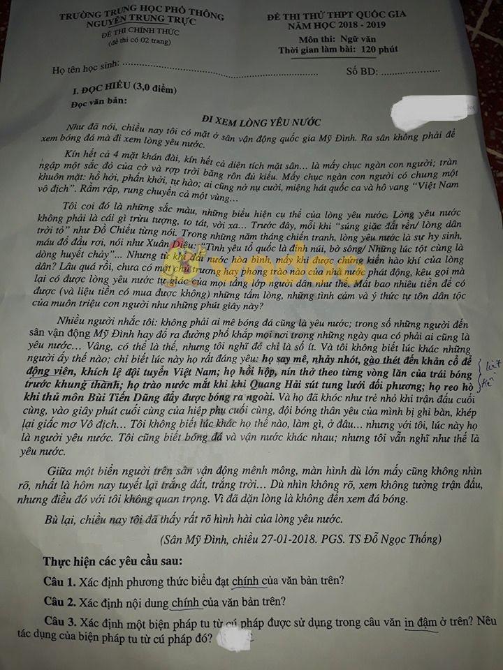 Đề thi thử môn Ngữ văn năm 2019