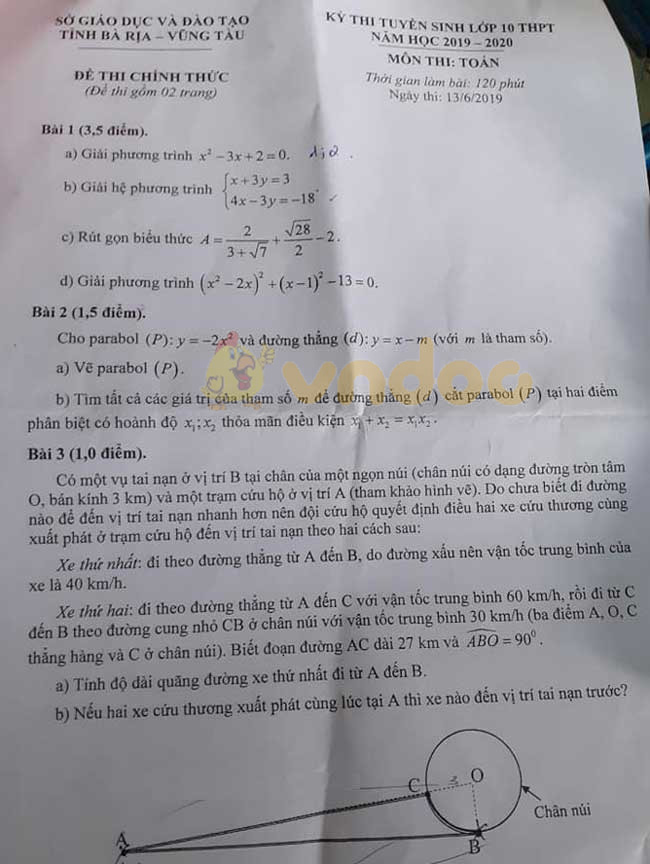 Đáp án đề thi vào lớp 10 môn Toán tỉnh Bà Rịa - Vũng Tàu năm 2019