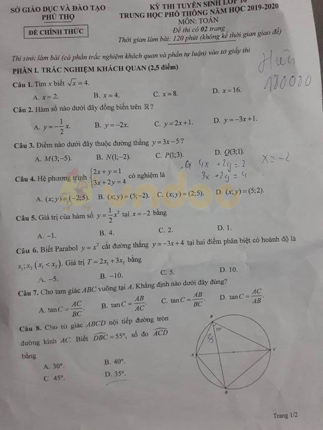 Đáp án đề thi vào lớp 10 môn Toán tỉnh Phú Thọ năm 2019