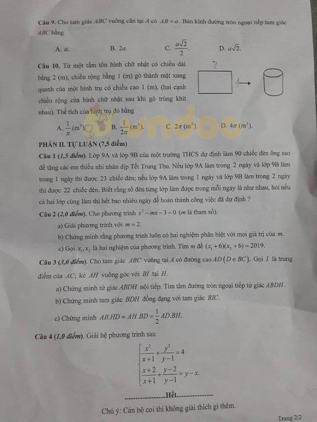 Đáp án đề thi vào lớp 10 môn Toán tỉnh Phú Thọ năm 2019